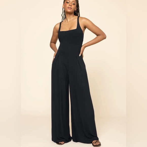 Popflex Go With the Flow Ribbed Sleeveless  Wide Leg Jumpsuit XS Petite Black - Picture 1 of 12